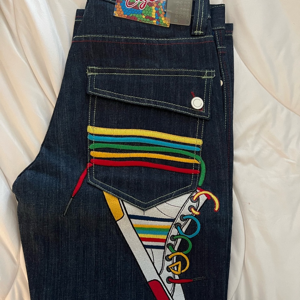 COOGI Men's Straight Jeans - Multicolor Embroidery on Dark Denim